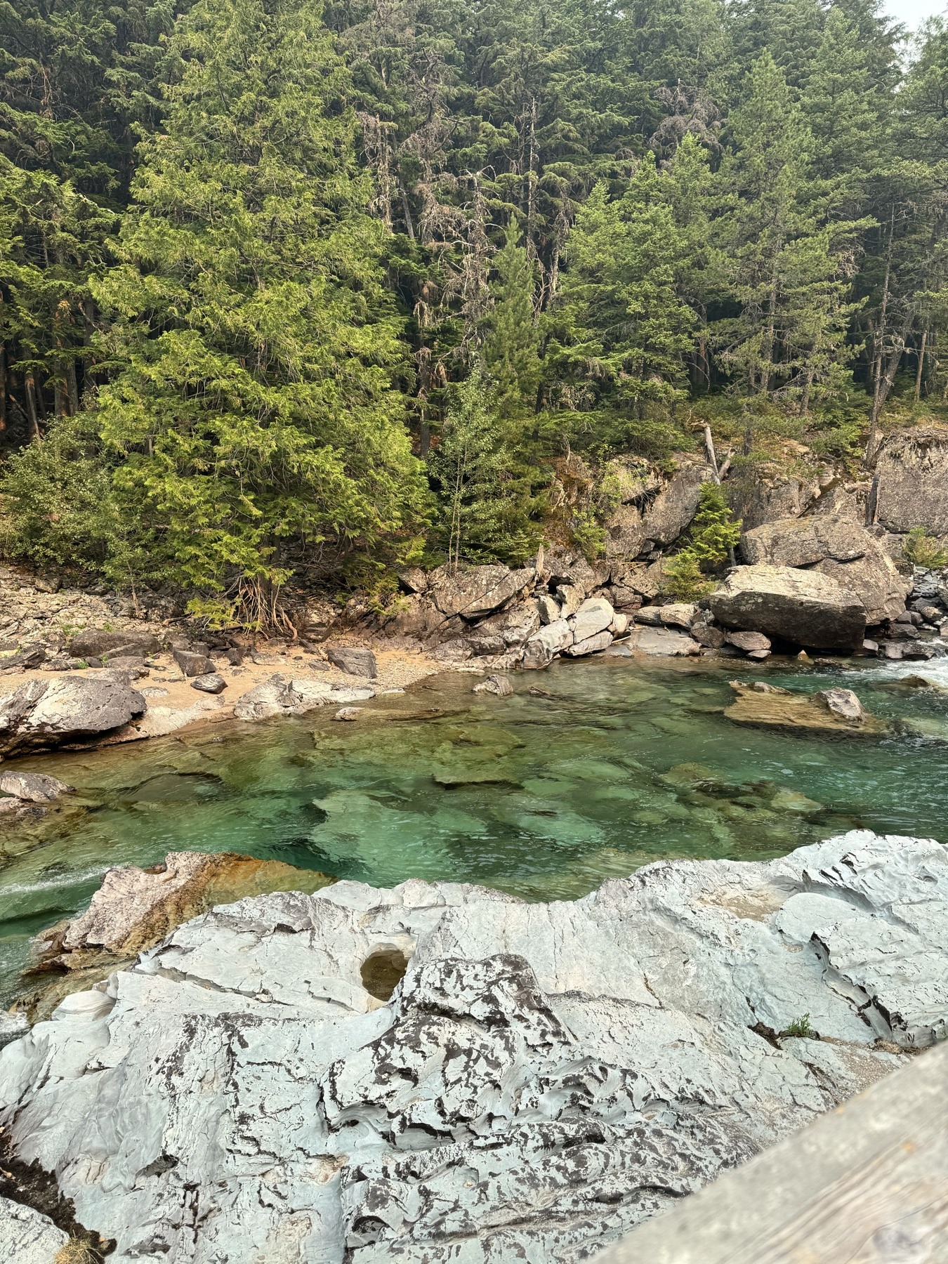 Clear river running through forest and rock near West Glacier